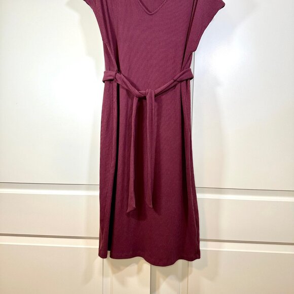 Burgundy Ribbed Knit V-Neck Short Sleeves Tie Waist Midi Dress XL - Picture 5 of 11